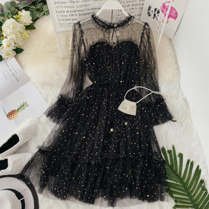 HISUMA spring autumn new women Star sequins gauze flare sleeve lace-up Princess dress female elegant o-neck mesh puff dresses