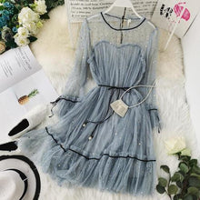 Load image into Gallery viewer, HISUMA spring autumn new women Star sequins gauze flare sleeve lace-up Princess dress female elegant o-neck mesh puff dresses