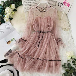 HISUMA spring autumn new women Star sequins gauze flare sleeve lace-up Princess dress female elegant o-neck mesh puff dresses