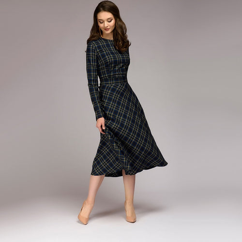 Women Vintage Sashes Plaid Dress Ladies Long Sleeve o Neck Elegant a Line Dress 2019 Autumn Bow Tie Party Dress Winter Dress