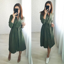 Load image into Gallery viewer, Women Vintage Front Button Sashes A-line Party Dress Long Sleeve Stand Collar Solid Elegant Casual Dress 2019 Winter New Dress