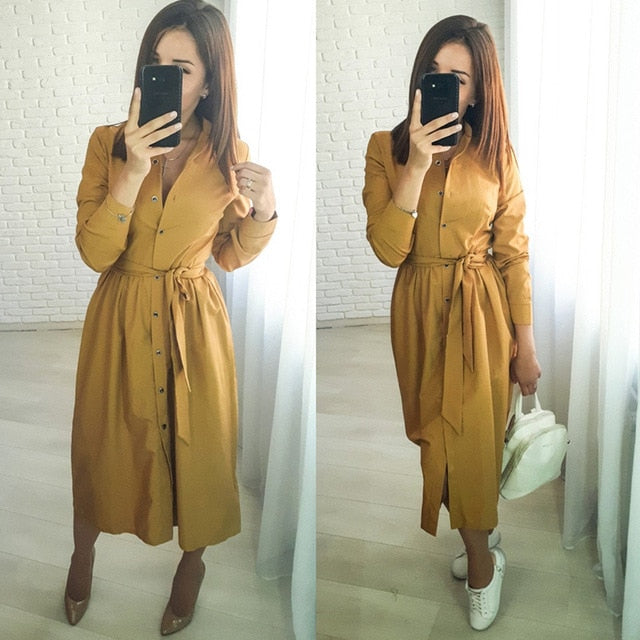 Women Vintage Front Button Sashes A-line Party Dress Long Sleeve Stand Collar Solid Elegant Casual Dress 2019 Winter New Dress