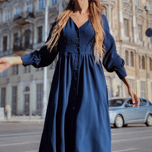 Women Vintage Front Button A-line Party Dress Long Sleeve Sexy V Neck Solid Casual Office Lady Dress 2019 Autumn Fashion Dress