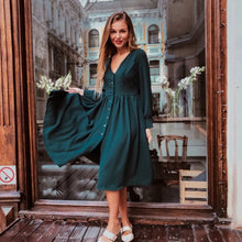 Load image into Gallery viewer, Women Vintage Front Button A-line Party Dress Long Sleeve Sexy V Neck Solid Casual Office Lady Dress 2019 Autumn Fashion Dress