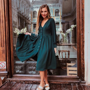 Women Vintage Front Button A-line Party Dress Long Sleeve Sexy V Neck Solid Casual Office Lady Dress 2019 Autumn Fashion Dress