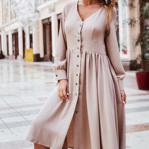 Women Vintage Front Button A-line Party Dress Long Sleeve Sexy V Neck Solid Casual Office Lady Dress 2019 Autumn Fashion Dress