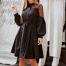 Load image into Gallery viewer, Women Sexy Lace Patchwork Dress Ladies Lantern Sleeve Stand Collar  Sashes Dress 2019 Autumn Casual Elegant Party A Line Dresses