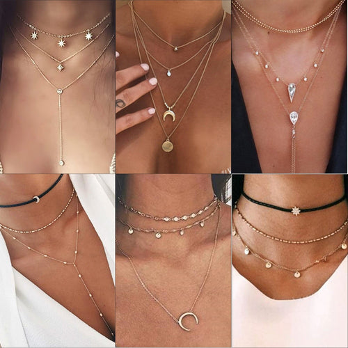 IF ME Vintage Multilayer Crystal Pendant Necklace Women Gold Color Beads Moon Star Horn Crescent Choker Necklaces Jewelry New